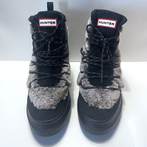 HUNTER NWT Waterproof Faux Fur Trimmed Lace Up Bootie in Black Size 11 - Picture 3 of 11